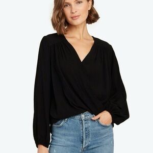 Black V-Neck Faux Cross Over Flowy Elastic Waist Blouse w/Shoulder Pintucking M